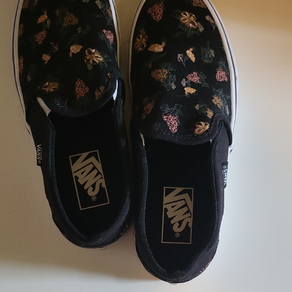 Vans Black and Pink Wine Grapes On Black Canvas Slip-On Sneakers - Picture 7 of 8
